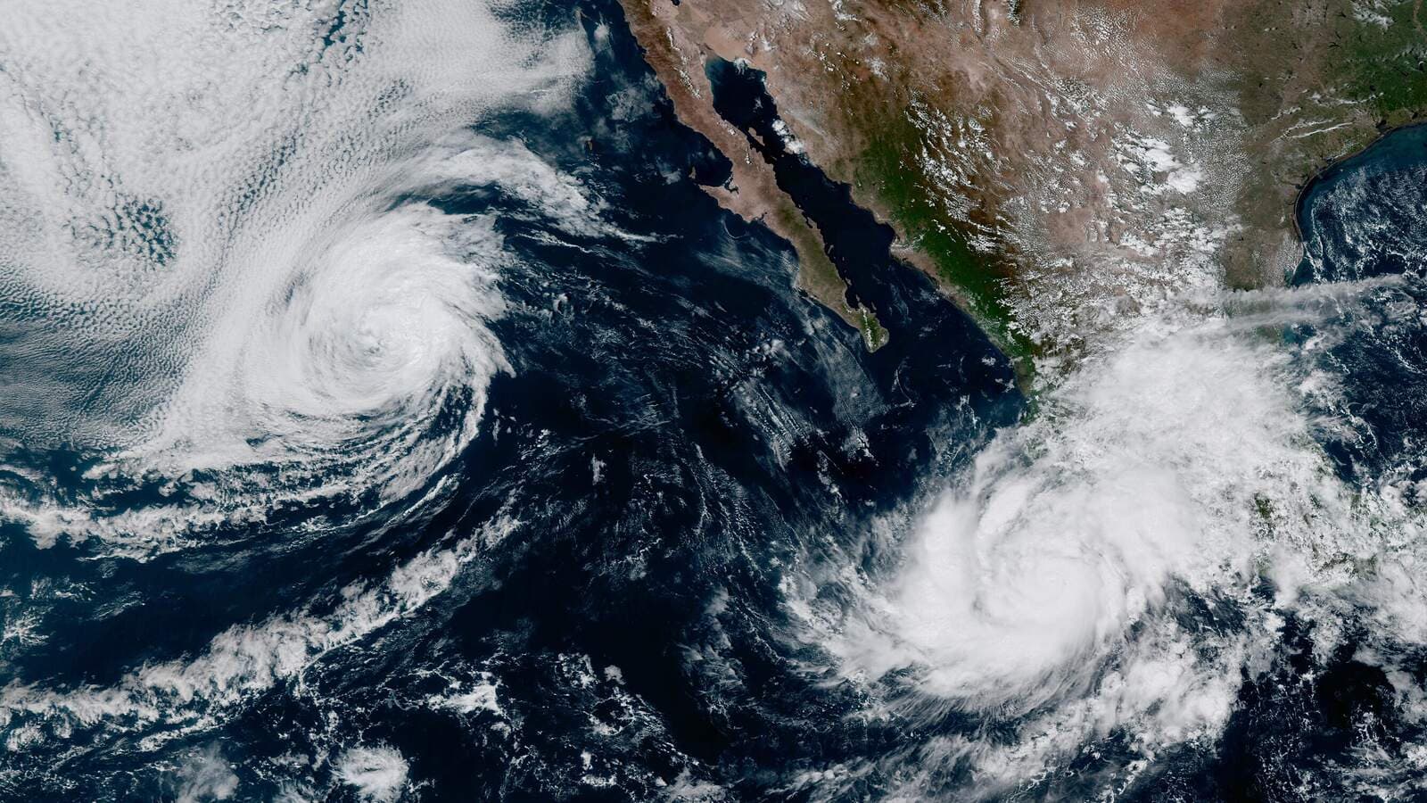 Satellite image of Tropical Storm Rachel and Hurricane Simon off Mexico’s Pacific coast on October 9, 2026